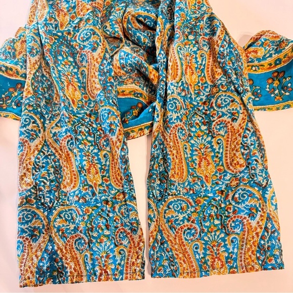 Tolani Women’s Silk Beaded Bohemian Printed Size Small Blouse Teal & Mustard - Picture 6 of 14